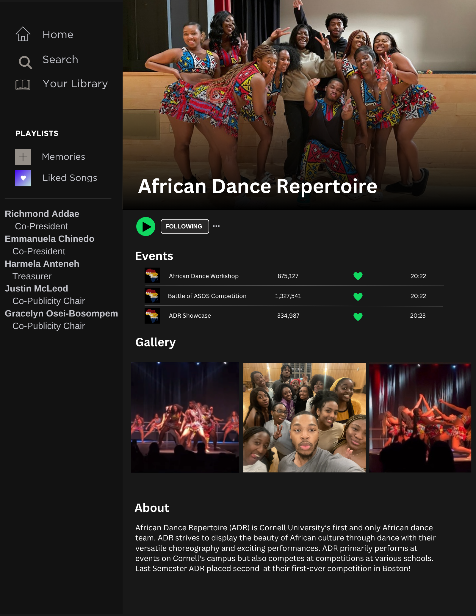 Interior yearbook page for a student organization, styled like a music playlist with members and events